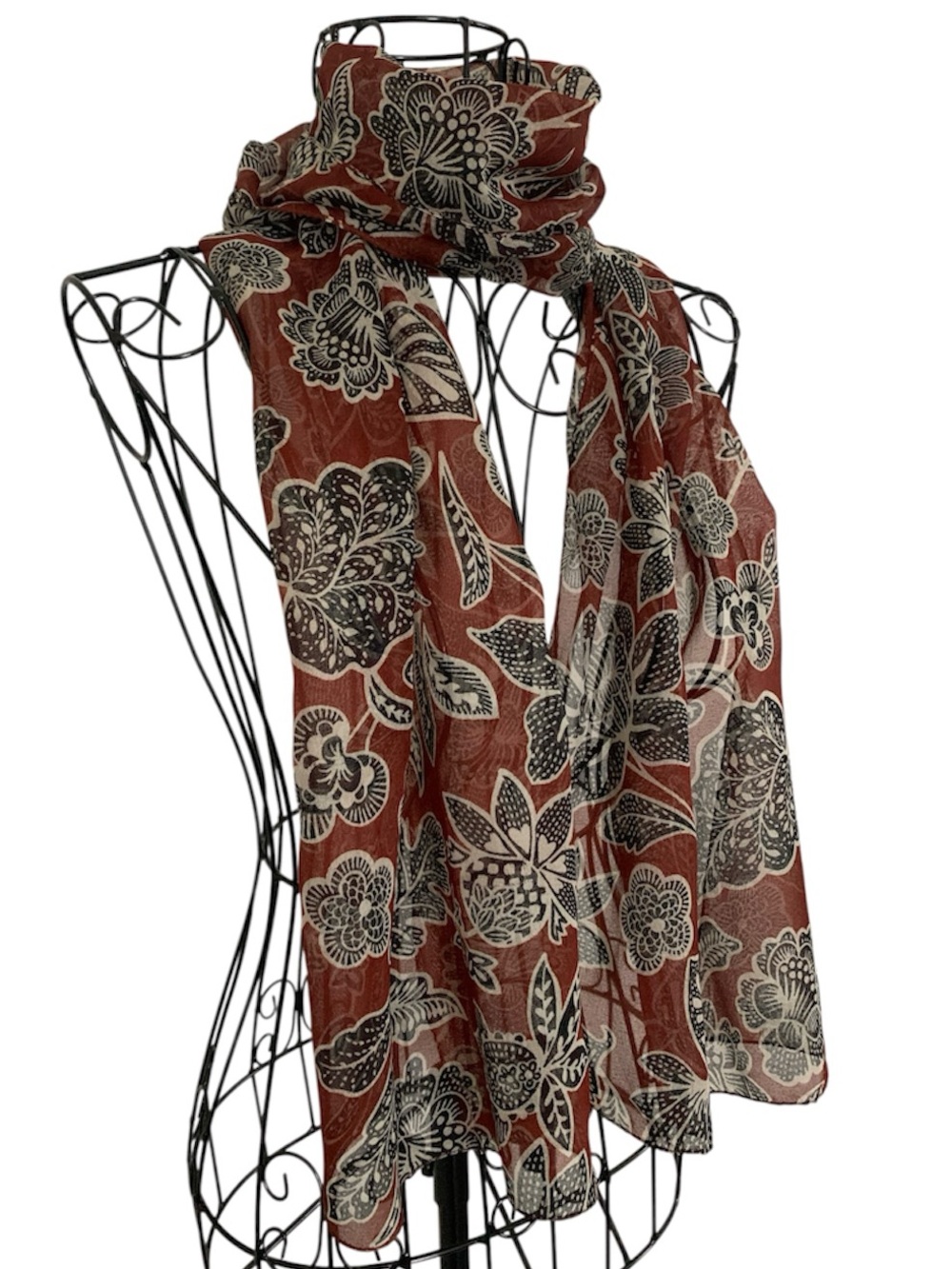 Vintage Sheer Floral Scarf Wrap Rust Brown Black Lightweight Boho Early 2000s